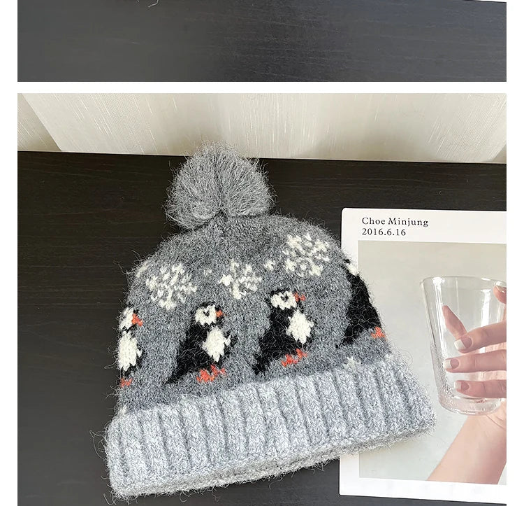 Cute Cartoon Jacquard Knitted Beanies for Women Winter Warm Ear Protection Versatile Show Face Small Retro Pom-pom Pullover Hat
