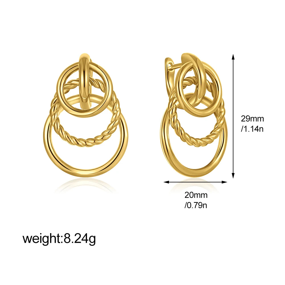 Fashionable Exaggerated Twisted Striped Earrings for Women 18K Metal Three Circular Stainless Steel Charming Jewelry Gift