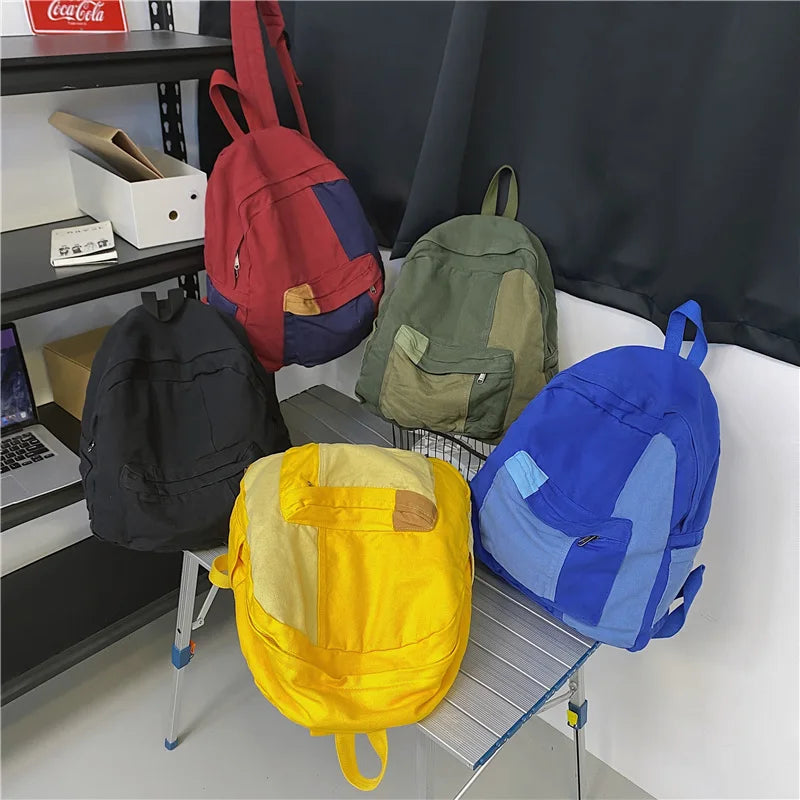 Fashion Panelled Women Backpack Canvas Kawaii Girl Travel Book Bags College Lady Laptop Backpacks Cute Travel Rucksack Schoolbag