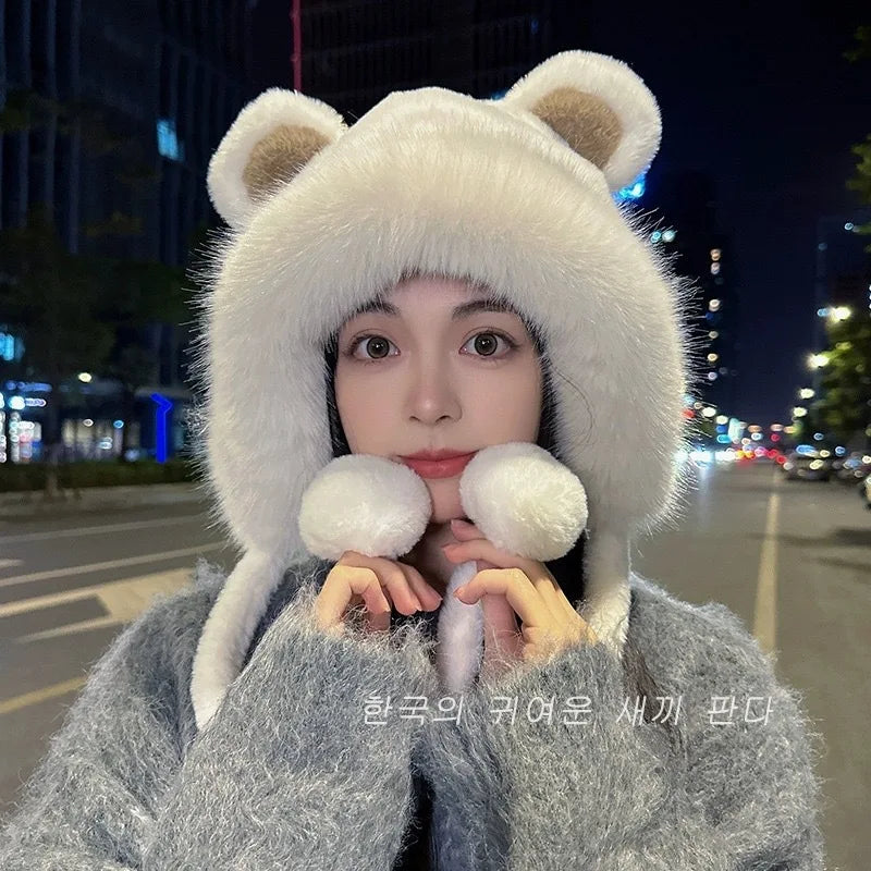 Cute Beanies Bear Ear Hat,Adorable Warm Plush Ear Protector Cap,Polyester Casual Elegant Knitted Head Caps for Autumn and Winter