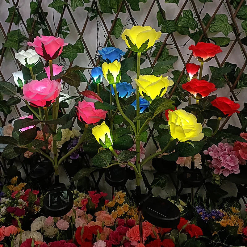 Garden Ground Light Solar Lawn Lamp LED Artificial 5 Head Rose Flower Holiday Summer Wedding Party Outdoor Yard Patio Decoration