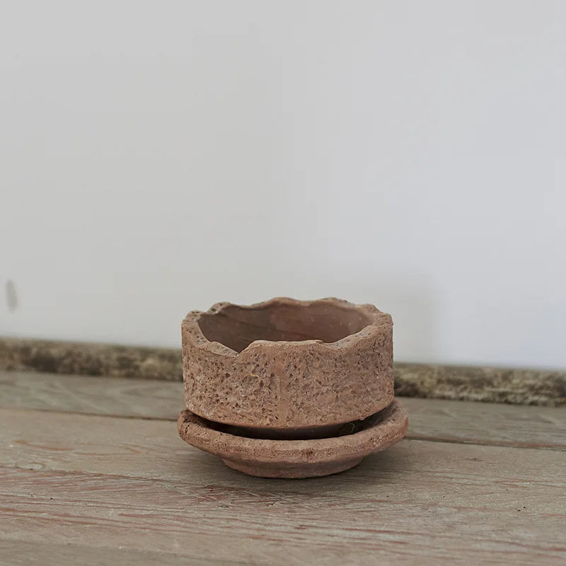 Retro Gardening Small Flowerpot Home Decoration Handmade Ceramic Terracotta Pot Hammered Basin with Tray Succulent Planting