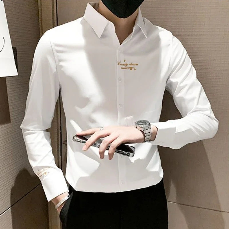 Shirts For Men Long Sleeve Embroidery White Man Shirt Social Cheap Things With Vintage Sleeves Slim Fit Sale Fashion 2025