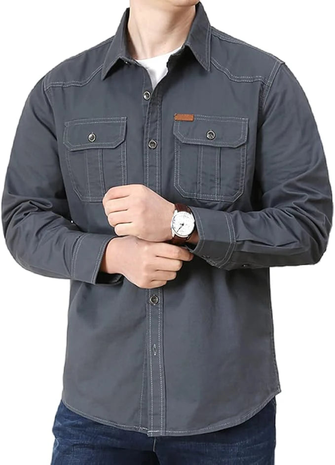 Men's Long Sleeve Cargo Shirt Casual Cotton Shirts Spring Autumn Button Down Pockets Sports Military Hiking Camping Shirt