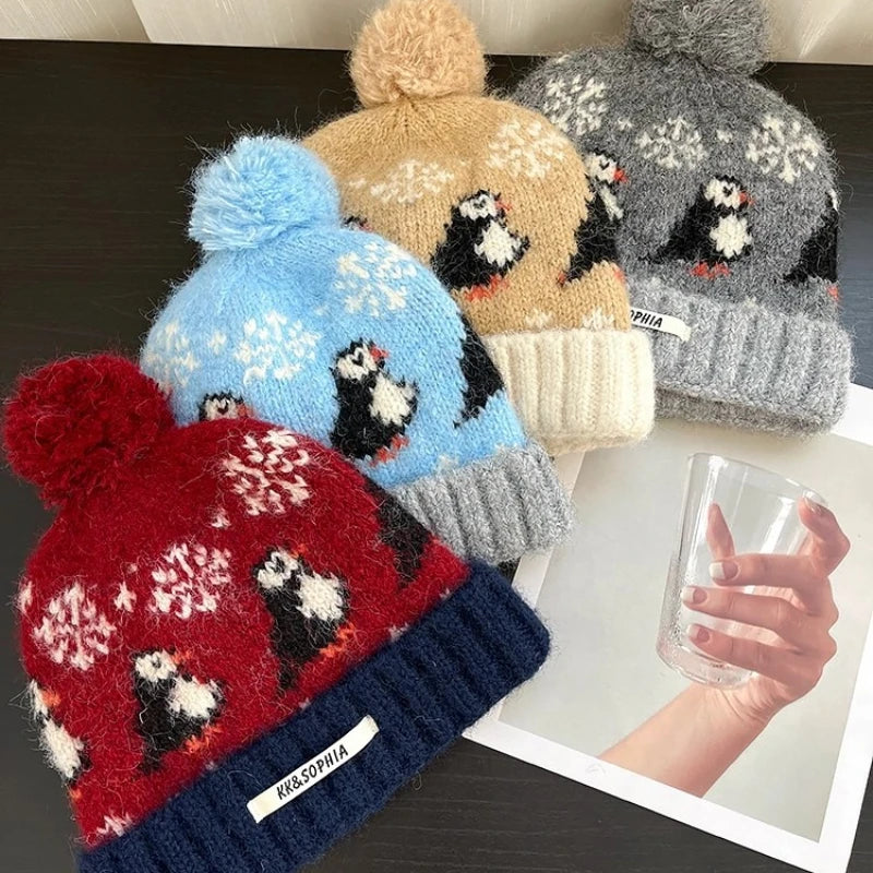 Cute Cartoon Jacquard Knitted Beanies for Women Winter Warm Ear Protection Versatile Show Face Small Retro Pom-pom Pullover Hat