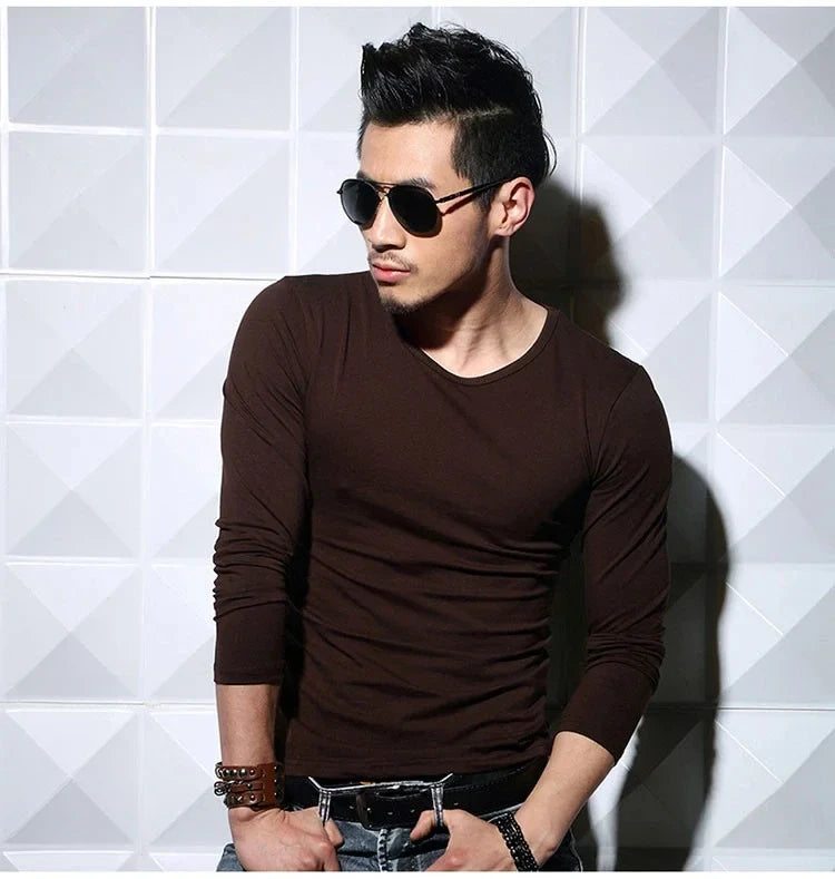 Men's T-Shirts Long Sleeve V Neck T Shirt 2025 MRMT Men Polyester T-Shirt Solid Color Slim Tight Man T Shirt For Male