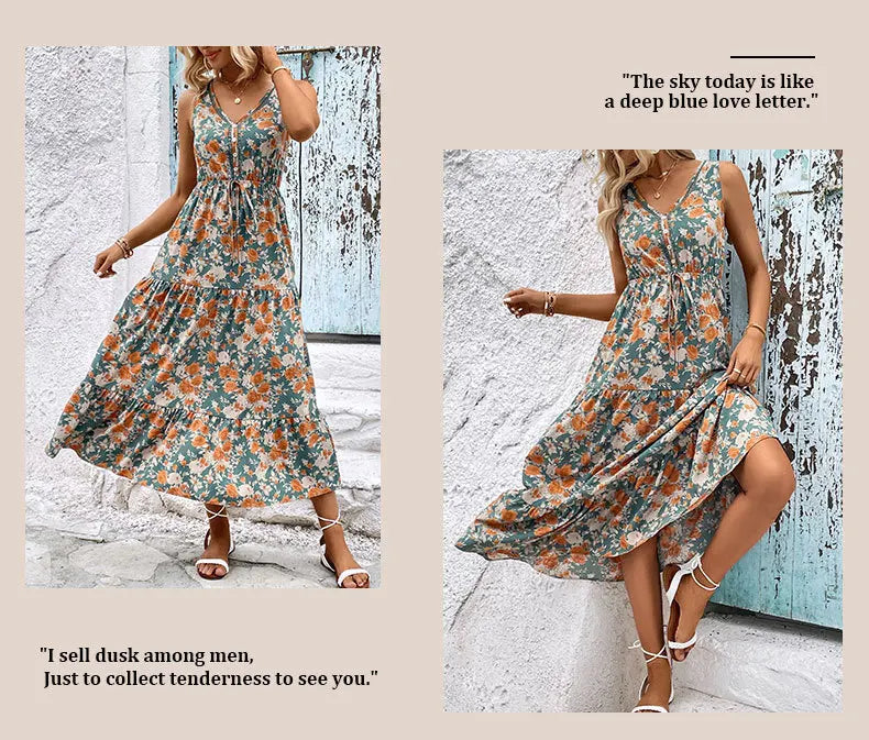 Elegant Floral Print Dress For Women Fashion  Bohemian Style Sleeveless Button Vestidos Female Casual V-neck A-line Dresses