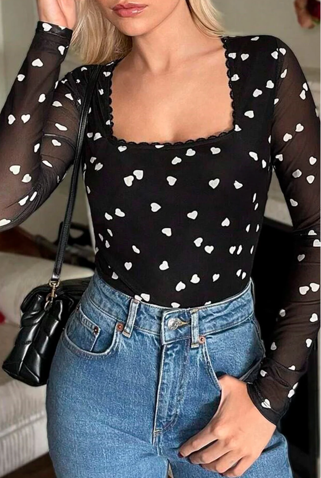 Heart Mesh Long-Sleeve Bodysuit