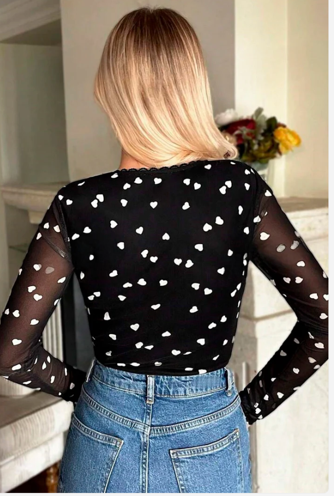 Heart Mesh Long-Sleeve Bodysuit