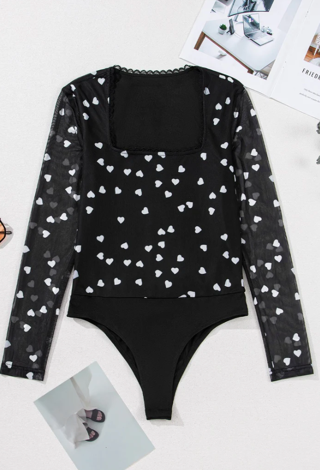 Heart Mesh Long-Sleeve Bodysuit