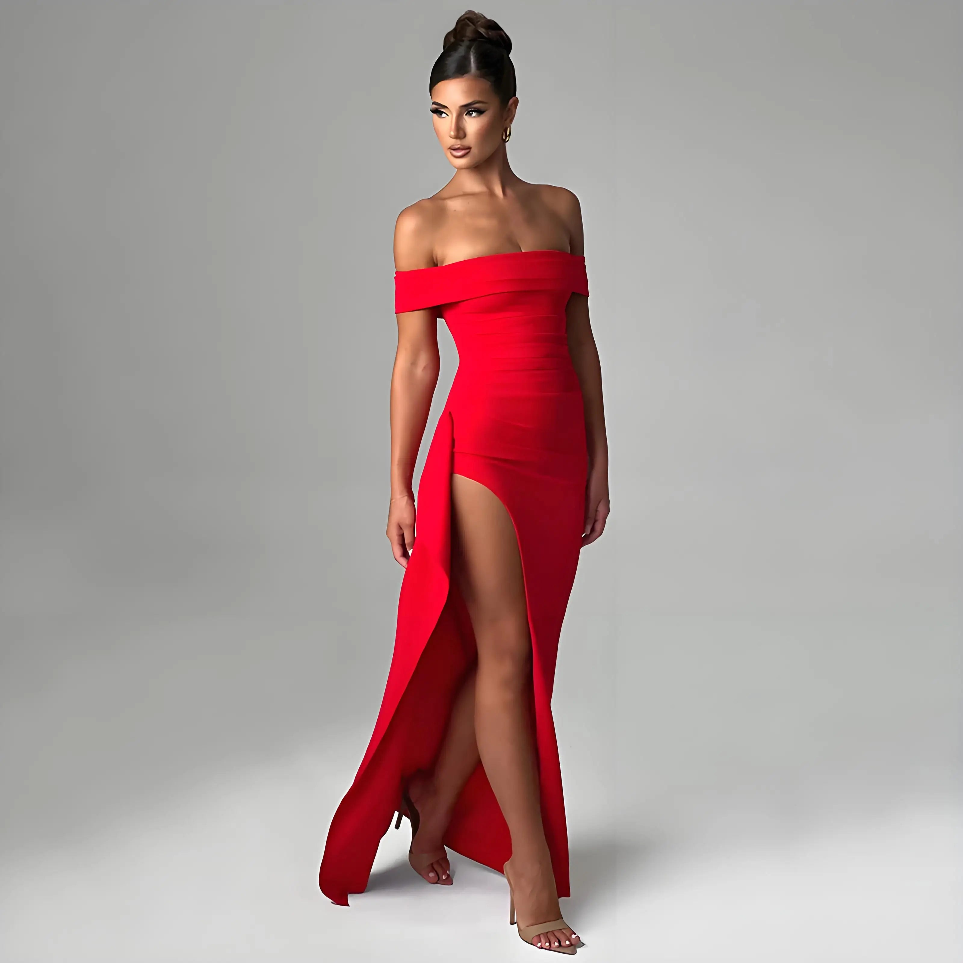 Elegant Evening Dress, Solid Color, Off-Shoulder, Women's Sexy High-Waisted Side-Slit Long Dress, Formal Maxi Ladies' Party Evening Dress