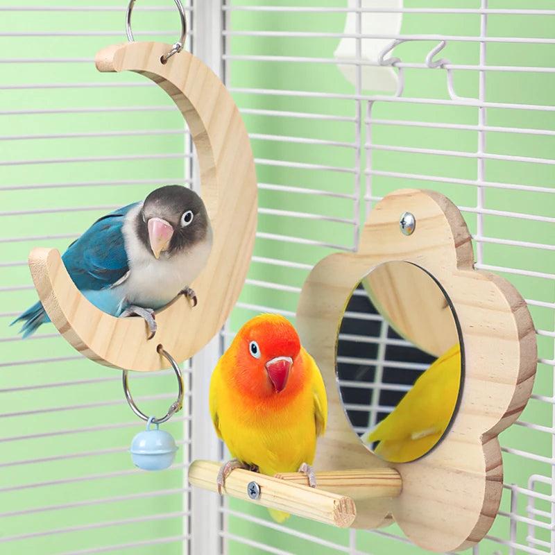 Bird Wooden Mirror Interactive Play Toy With Perch For Small Parrot Budgies Parakeet Cockatiel Conure Lovebird Cage Accessories