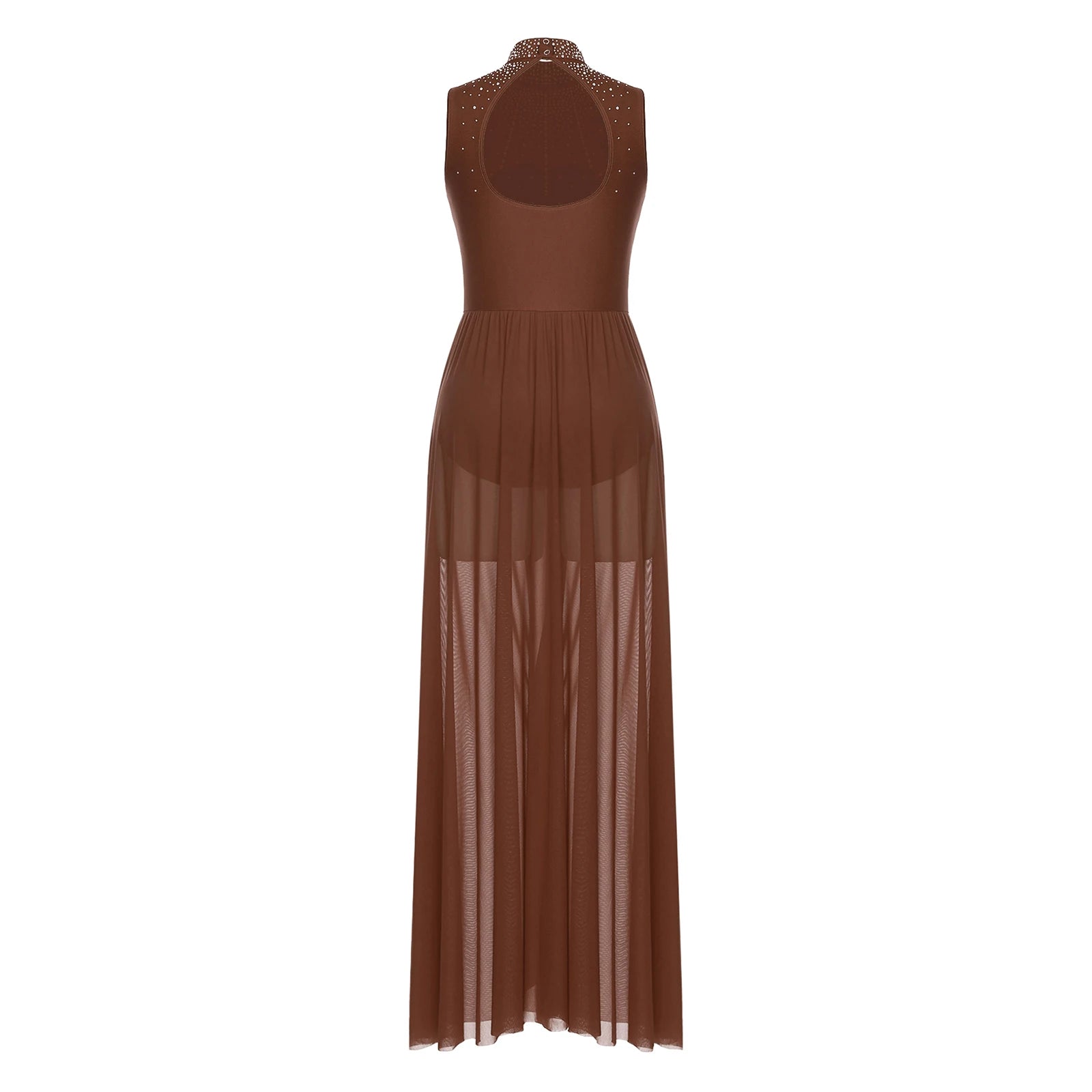 Womens Lyrical Dance Dresses Mock Neck Wide Hemline Shiny Rhinestones Maxi Dress Sleeveless Modern Contemporary Leotard Dresses