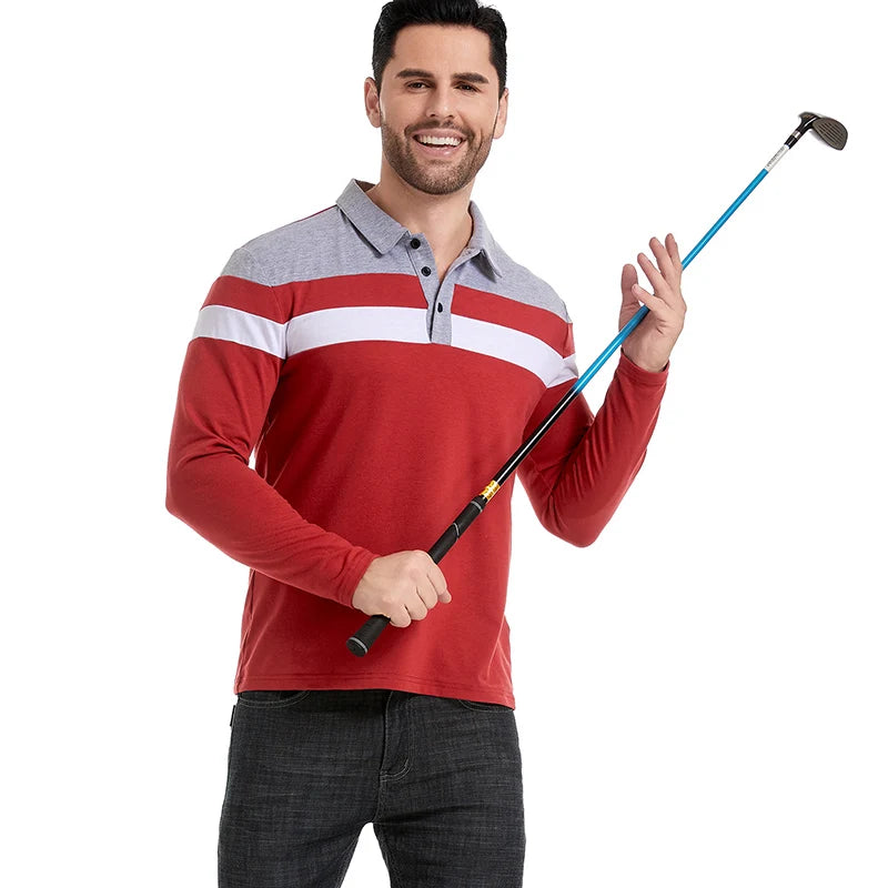 Men's Long Sleeve Shirt Casual Cotton Patchwork Collared Shirt Autumn Striped Pullover Streetwear Golf Button Polo Shirts