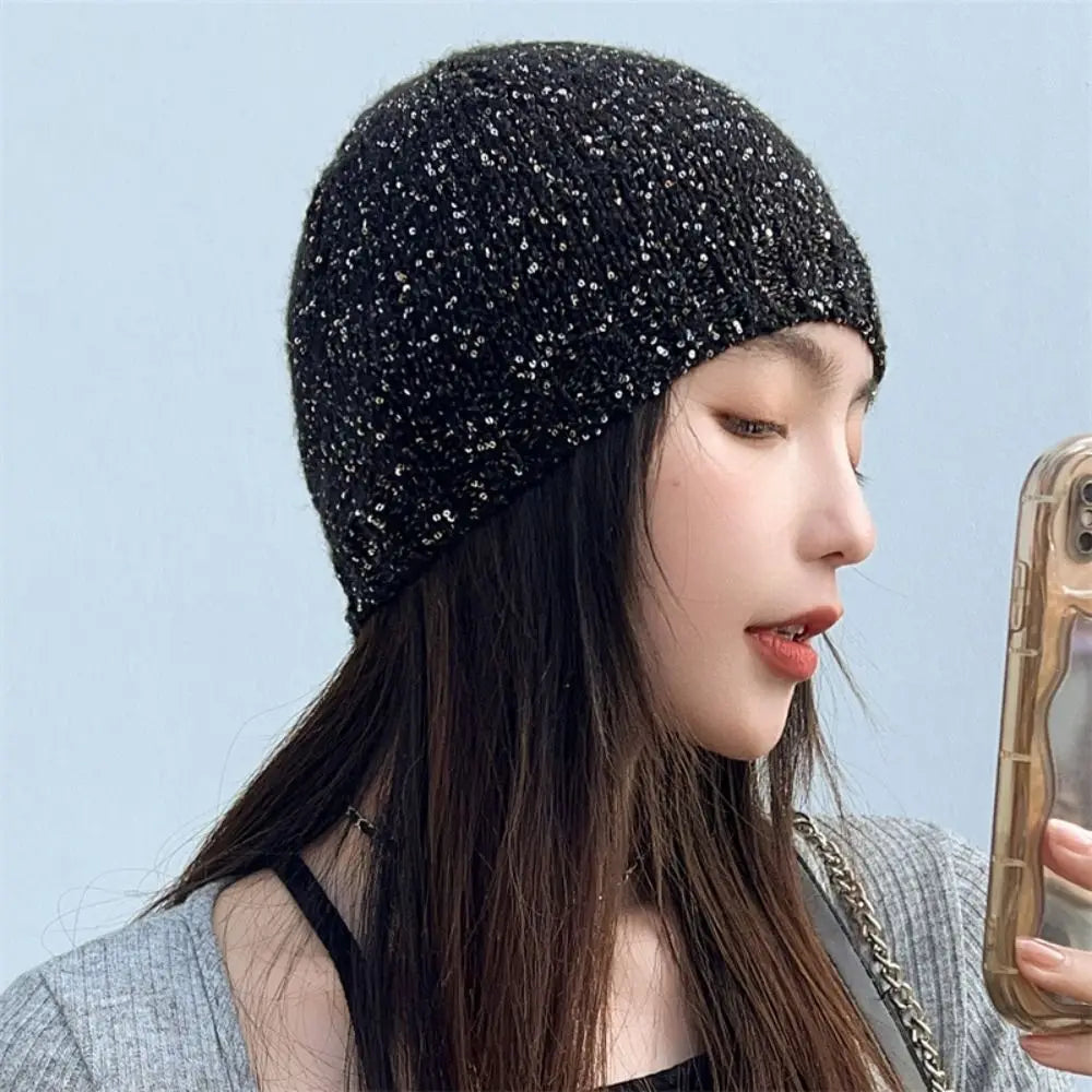 Cute Bow Bowknot Beanies Hat Warm Cap Black Sequin Knitted Hat Beanies Jennie Style Knit Cap Autumn