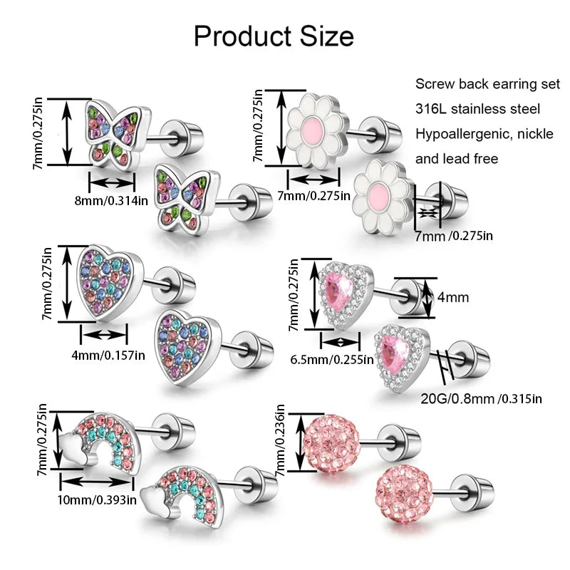 Six pairs of earrings, heart-shaped flowers, butterflies and rainbows, paired with shiny zircon stainless steel, are perfect for