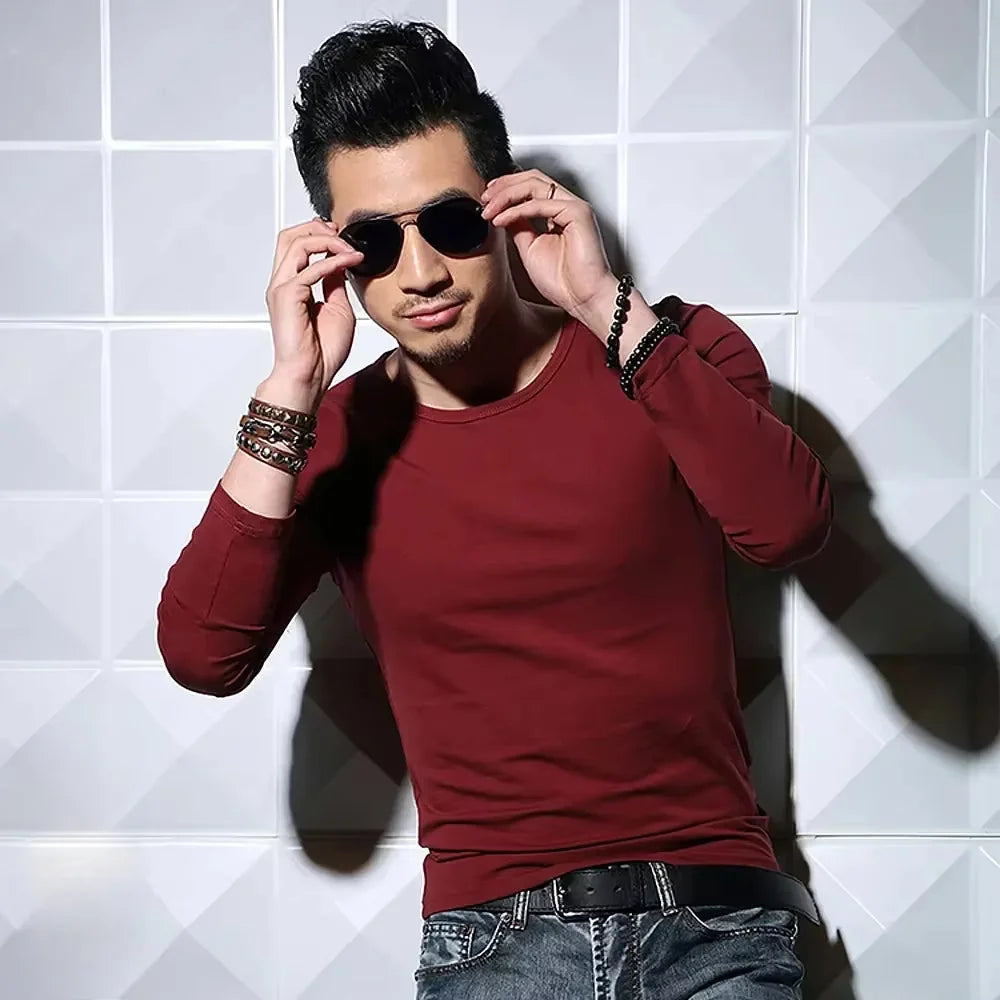 Men's T-Shirts Long Sleeve V Neck T Shirt 2025 MRMT Men Polyester T-Shirt Solid Color Slim Tight Man T Shirt For Male