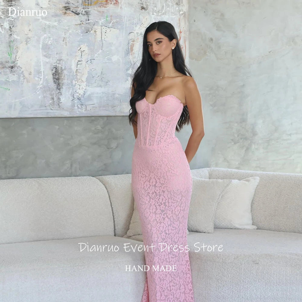Dianruo Pink Lace Evening Dresses Sleeveless Mermaid Chic Vestido Festa Sweetheart Floor Length Vestidos Elegantes Customized
