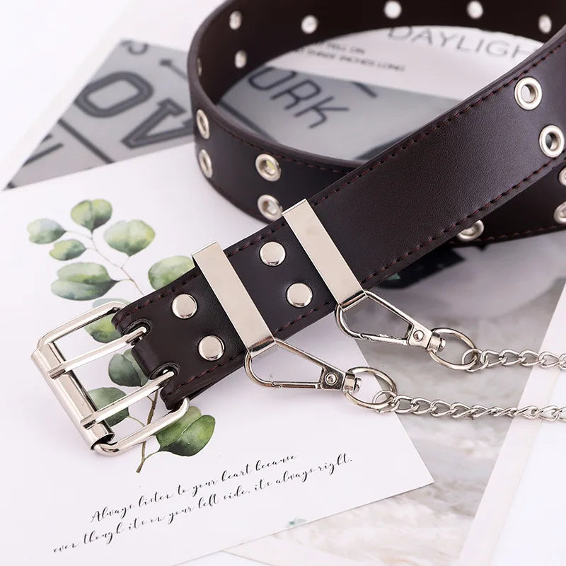 Women Double Ring Belts Double Hole Eyelet Grommet Leather Buckle Punk Pin Belt Leisure Dress Jeans Gothic Waistband