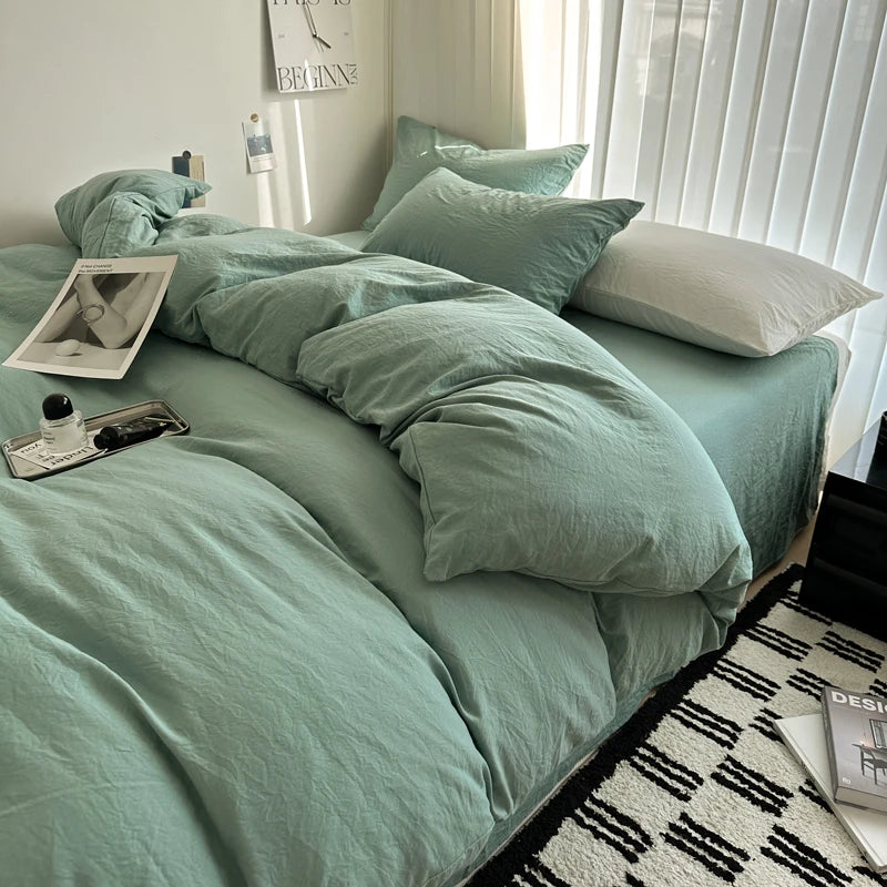 Bed Linen Solid Cotton Bedding Set with Sheet Duvet Cover Pillowcases Single Couple Bedsheet King Queen Double Twin Size