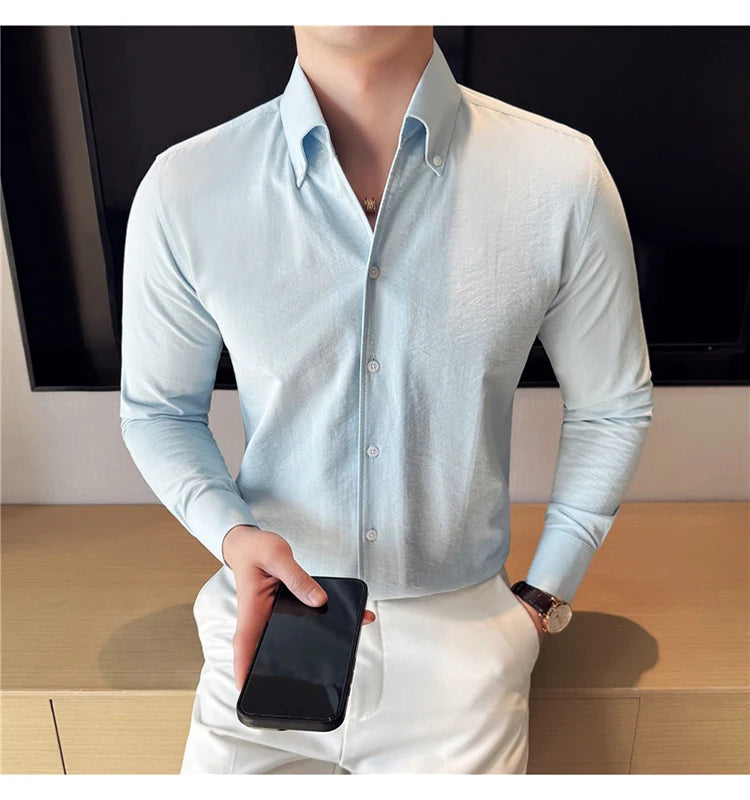 Long Sleeves Shirts for Men Light Thin Fashion Fold Process Wine Red Solid Casual Shirt Men Social Dress Shirt Slim Fit Tuxedo
