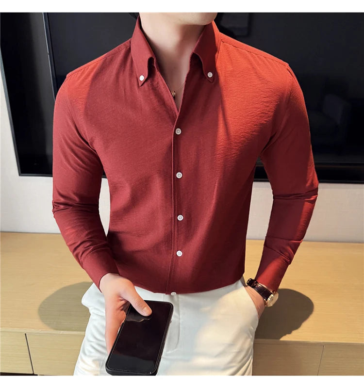 Long Sleeves Shirts for Men Light Thin Fashion Fold Process Wine Red Solid Casual Shirt Men Social Dress Shirt Slim Fit Tuxedo