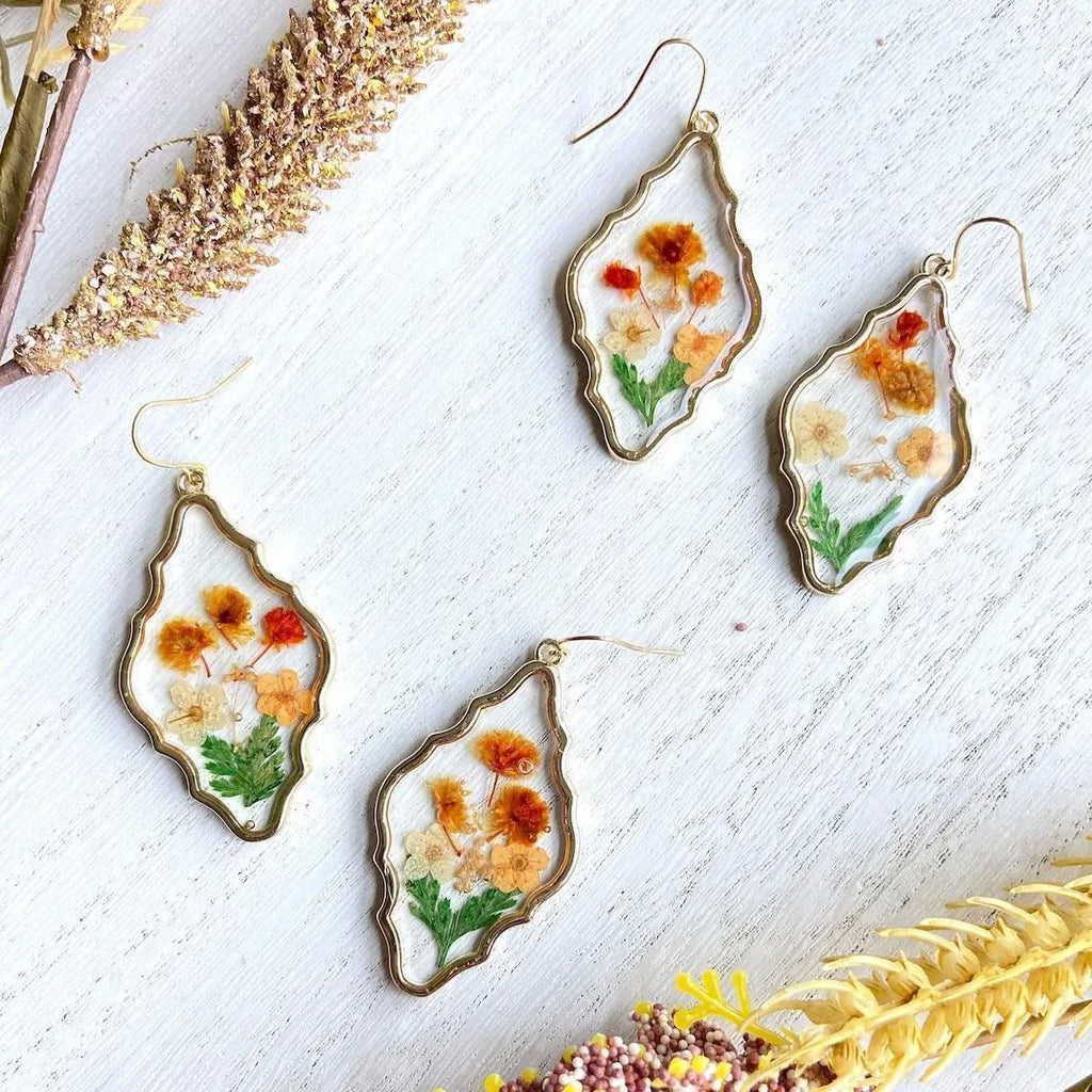Dried flower earrings, Bohemian jewelry, retro, geometric, plant, resin, leaf, natural, Gift, ear hooks For Women Girls