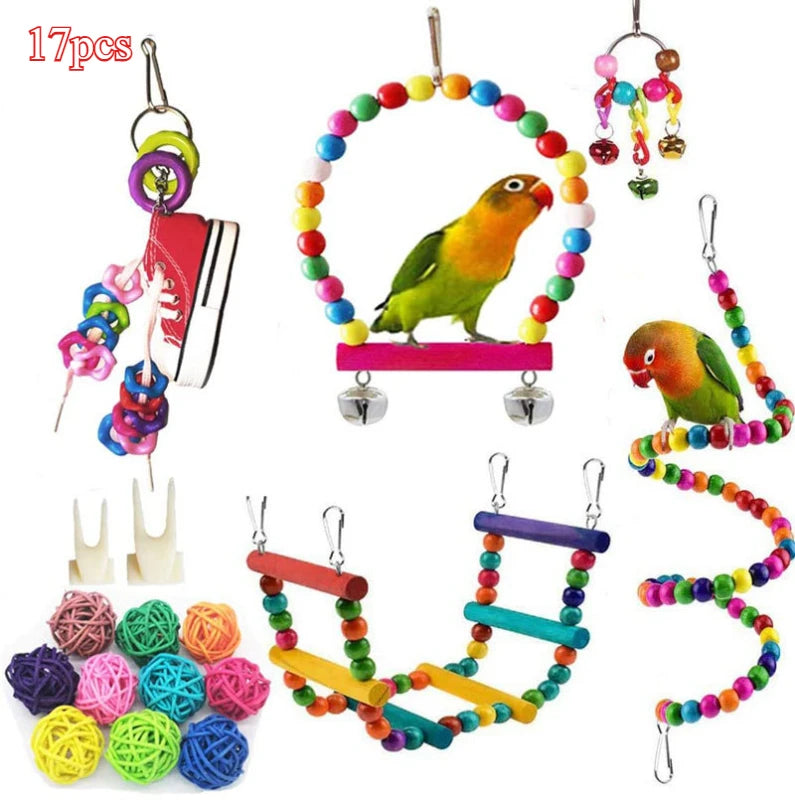 Bird Toy Wood Parrot Toys Set Cage Bird Accessories Swing Suspension Bridge Ball Cage Bells Pet Supplies juguetes para pájaros