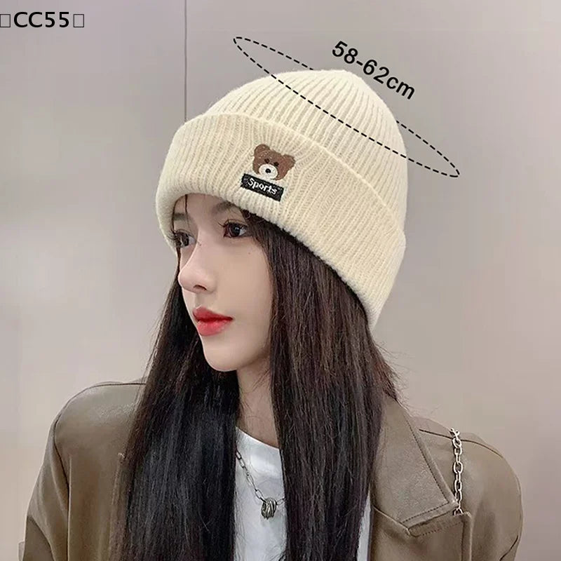 Bear Embroidery Knitted Beanies  Women Autumn Winter Warm Wool Hat Korean Girl Windproof Earmuffs Pullover Cap Bonnet〔CC55〕