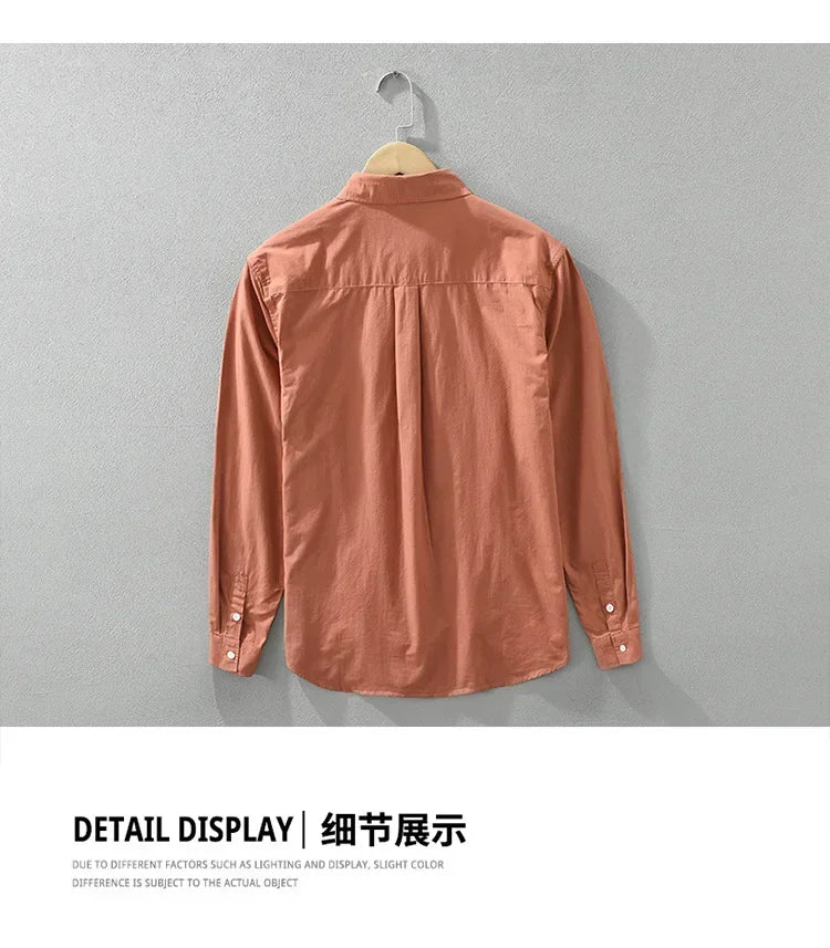 Japanese Fresh Mens Long Sleeve Shirts Spring Summer Daily Casual Man Shirts Lapel Pocket Yellow Shirt Pure Cotton Top Simple