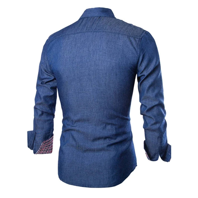 Mens Denim Shirts 2025 Long Sleeve Men Dress Shirt Fashion Slim Fit Style Navy Blue Jeans Male Shirt Longsleeve Shirt for Men