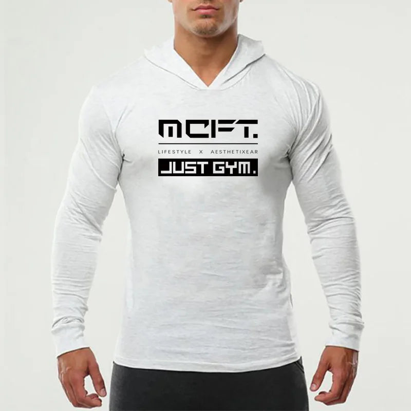 Mens Long Sleeves Elasticity Cotton Hooded T Shirts Muscle Man Gym Fitness Bodybuilding Jogger Brand Clothing Tee Shirt Homme