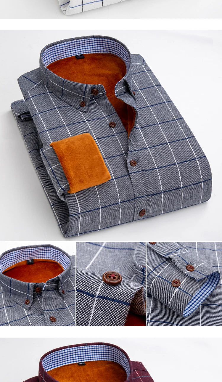 Longsleeve Shirts for Men 2025 Autumn Winter New Warm Plus Velvet Thick Cotton Lapel Casual Plaid Shirts Brand Mens Clothing