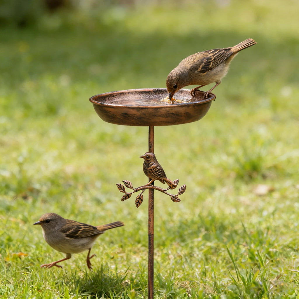 A wrought iron bird bath and feeder in one, featuring a rust-proof design and a stable 5-prong ground stake.  Perfect for garden