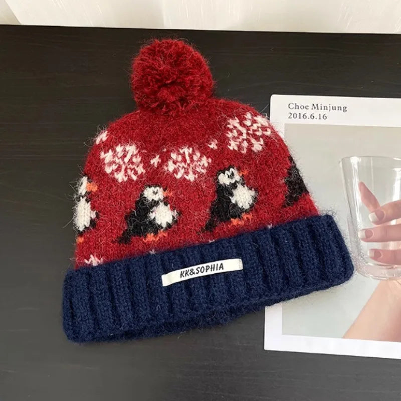 Cute Cartoon Jacquard Knitted Beanies for Women Winter Warm Ear Protection Versatile Show Face Small Retro Pom-pom Pullover Hat