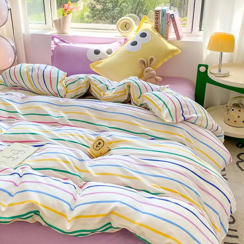New Cartoon Striped Printed Bedding Sets Aloe Cotton Skin Friendly Breathable Comforter Cover Set Twin Double Size Bed Linens