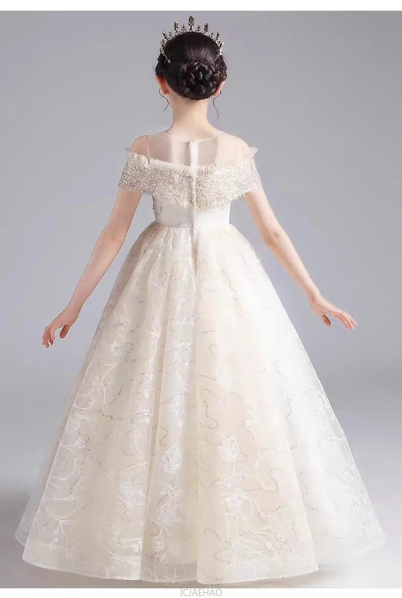 Long Dress 2025 Flower Girl Wedding Dresses Vestido Princess Gown Costume Kids Host Piano Outfits Children Girls Birthday Party