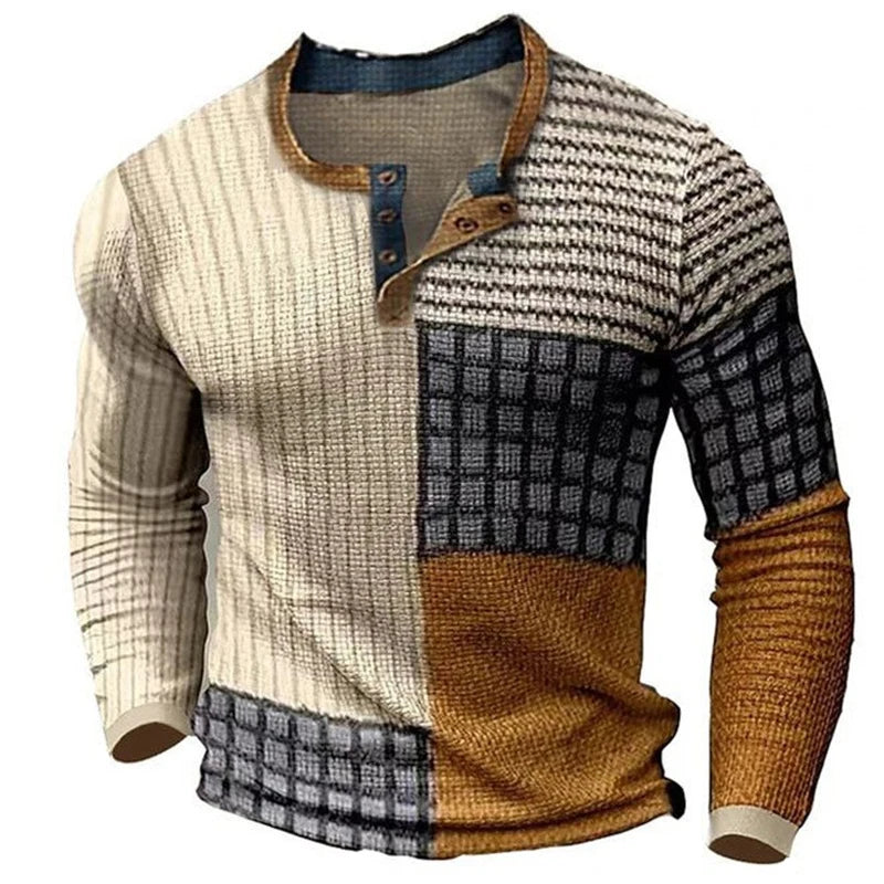 Men's Long Sleeve Casual T-Shirt with Fashionable Outdoor Comfort and Color Block Digital Print Design for Spring and Autumn