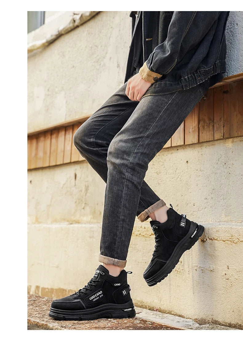 High Top Boots Four Season Outdoor Work Shoes Men's Anti Slip and Comfortable Black Boots Fashion British Casual Leather Boots