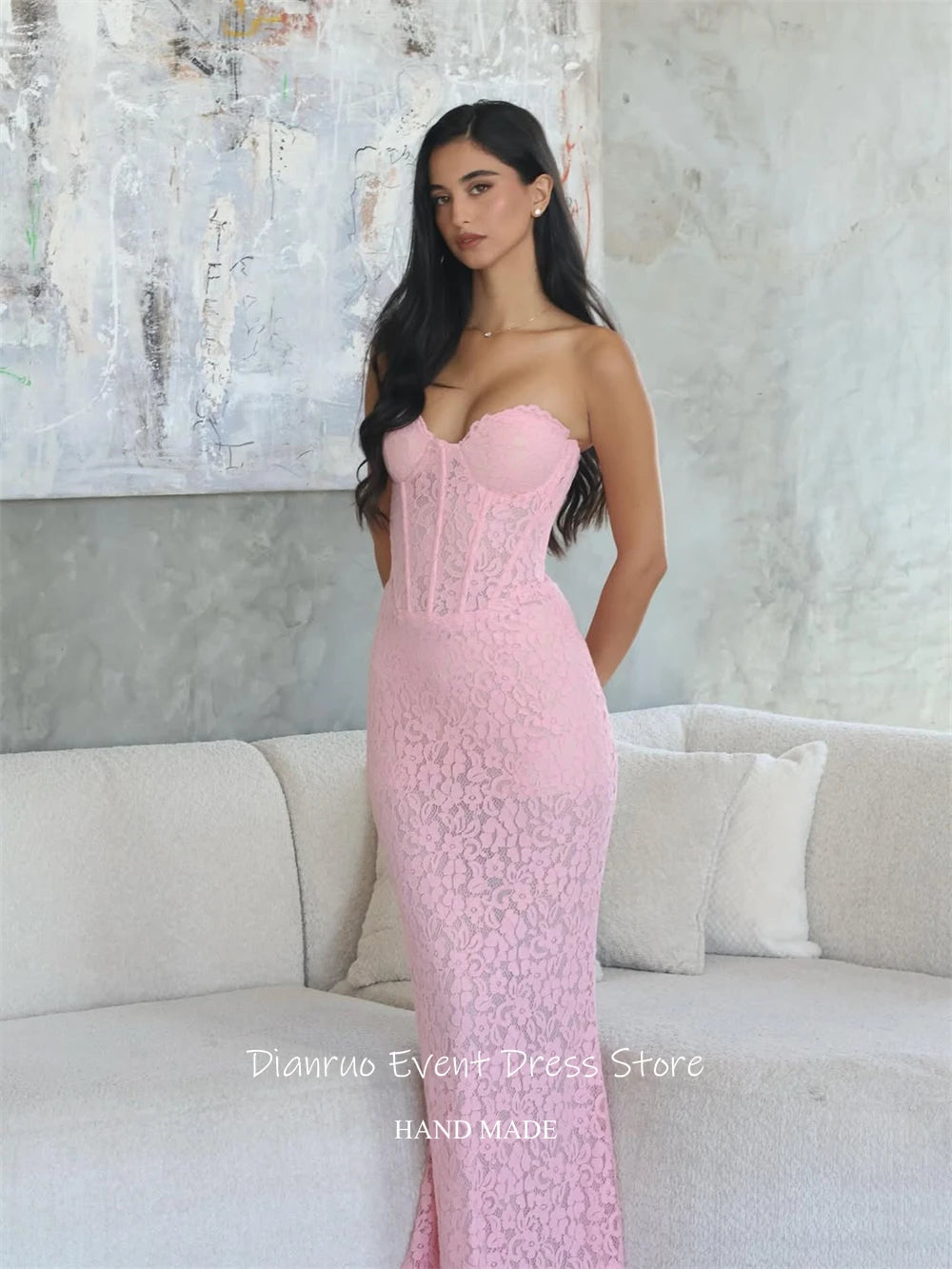Dianruo Pink Lace Evening Dresses Sleeveless Mermaid Chic Vestido Festa Sweetheart Floor Length Vestidos Elegantes Customized