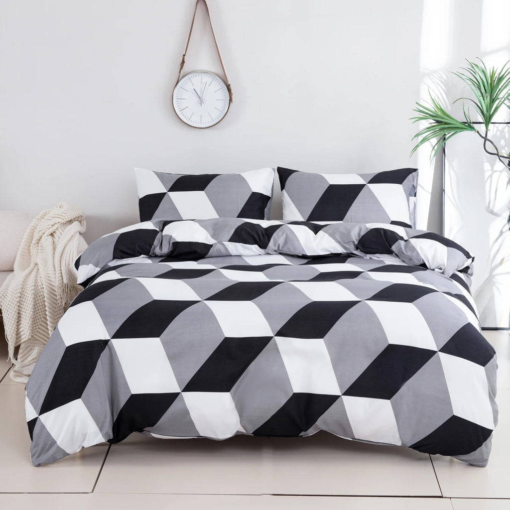 2 Pillowcases + 1 Duvet Cover, Polyester Geometric Print Black and White Diamond-Shaped Bedspread 3-Piece Set, Ultra-Soft and Comfortable Polyester Breathable Bedding Duvet Set, Suitable for Bedrooms and Guesthouses (Bedsprea