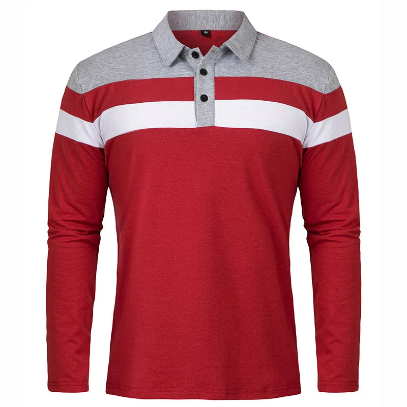 Men's Long Sleeve Shirt Casual Cotton Patchwork Collared Shirt Autumn Striped Pullover Streetwear Golf Button Polo Shirts