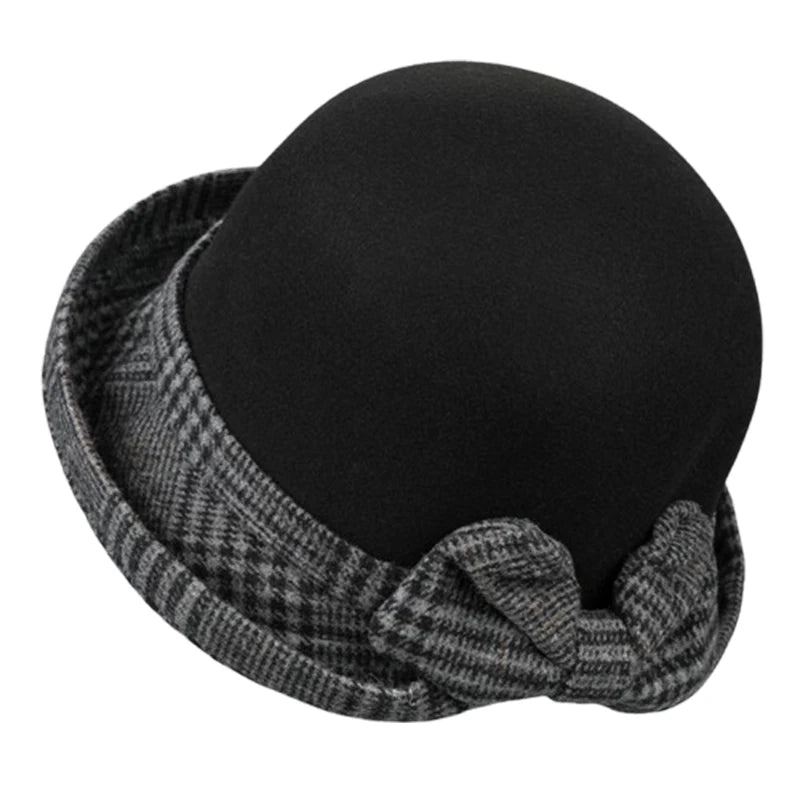 Women Felt Bowler Hats Vintage Plaid Bow Church Hats Lightweight Derby Fedora Hats