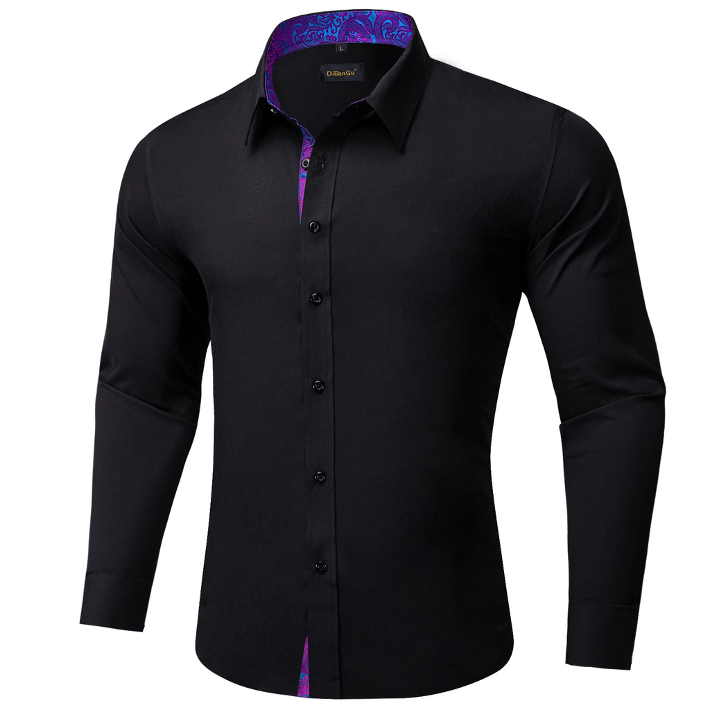 Men Shirts Long Sleeve Black Solid with Purple Contrast Color Collar and Cuff Fashion Casual Shirts Blouse for Wedding Praty