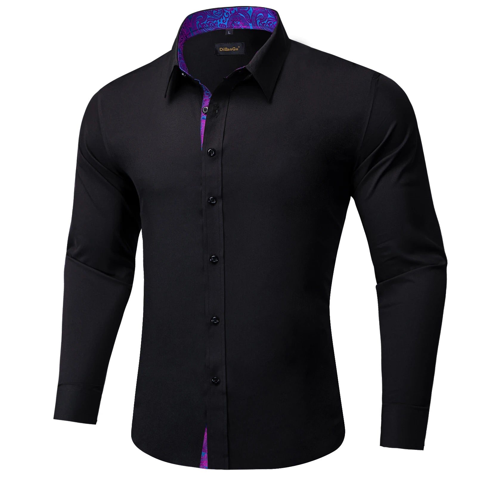 Men Shirts Long Sleeve Black Solid with Purple Contrast Color Collar and Cuff Fashion Casual Shirts Blouse for Wedding Praty