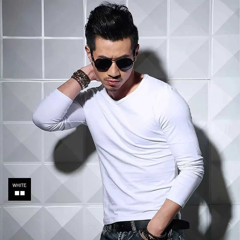 Men's T-Shirts Long Sleeve V Neck T Shirt 2025 MRMT Men Polyester T-Shirt Solid Color Slim Tight Man T Shirt For Male