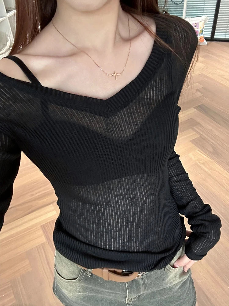 Women Long Sleeve T Shirt Thin Perspective Summer Solid Slim Casual Shirts Female Pullovers Basic Tee Y2k Clothes Streetwear Top
