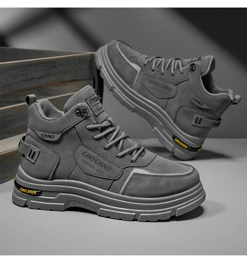 High Top Boots Four Season Outdoor Work Shoes Men's Anti Slip and Comfortable Black Boots Fashion British Casual Leather Boots