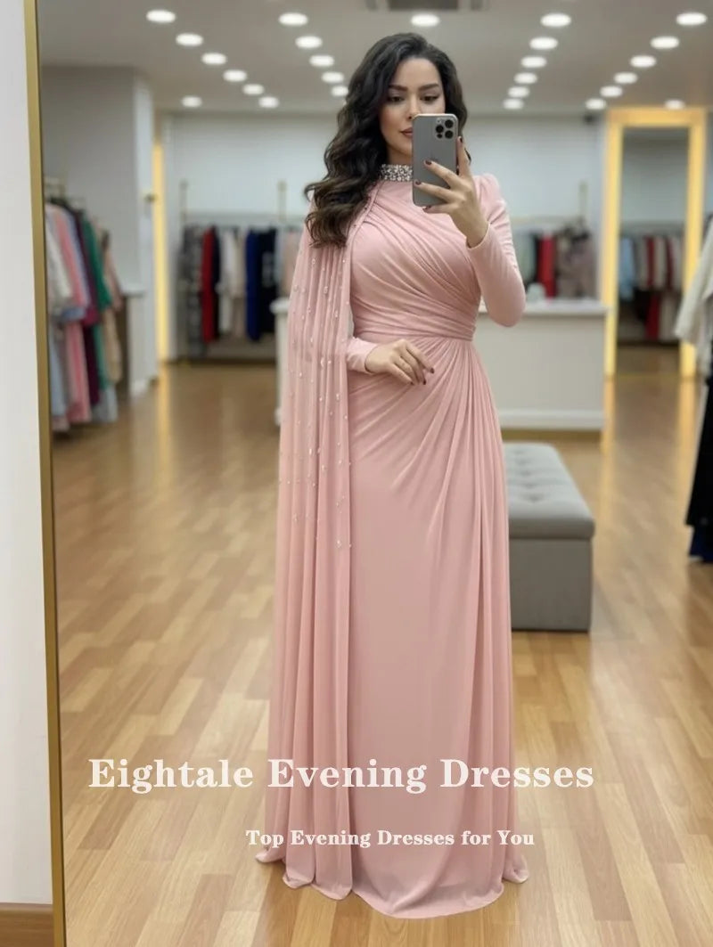 Eightale Arabic Evening Dresses for Wedding Party High Neck Customized Chiffon Pleats Beaded Long Sleeves Muslim Prom Gownsc