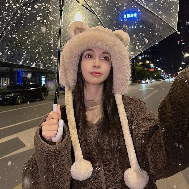 Cute Beanies Bear Ear Hat,Adorable Warm Plush Ear Protector Cap,Polyester Casual Elegant Knitted Head Caps for Autumn and Winter